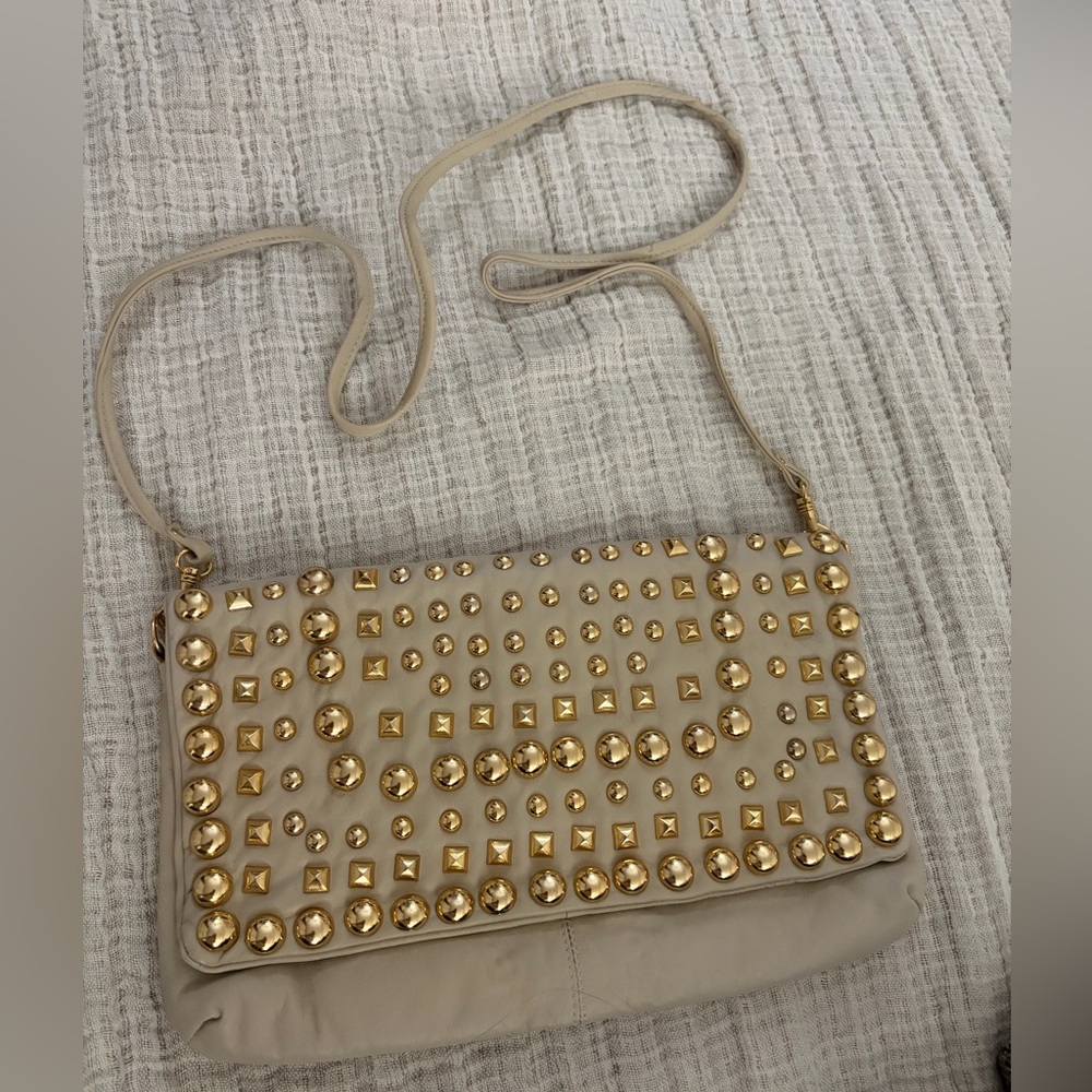 Topshop Beige Leather Crossbody with Gold Stud Embellishments
